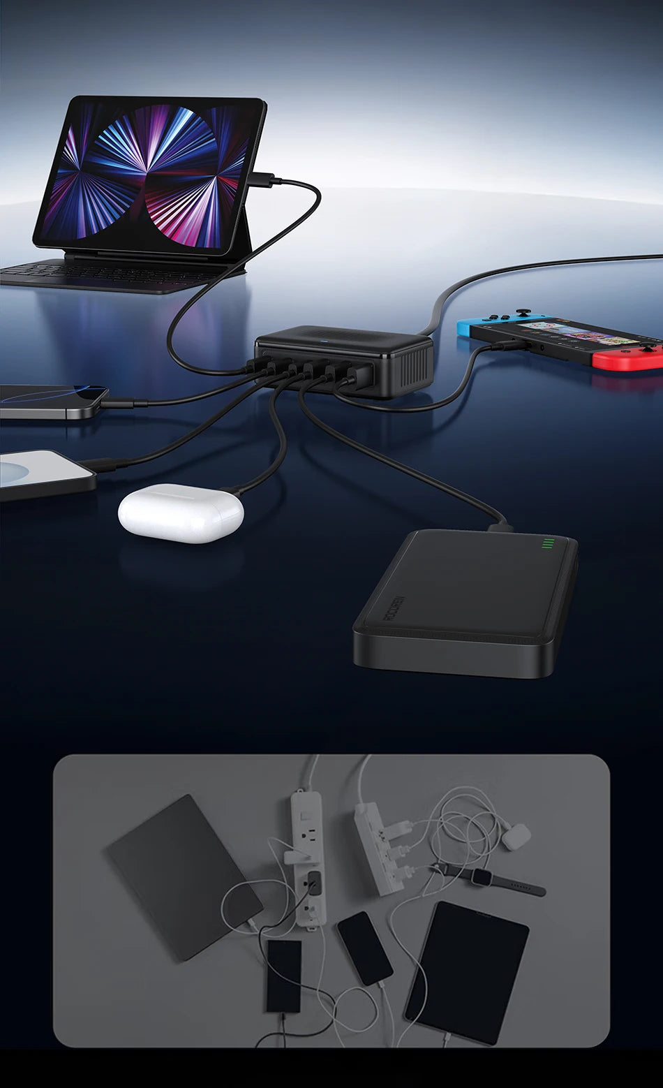 Rocoren USB Charger 100W GaN Charger 6-ports Desktop Fast Charging Type C Charger Portable Power Station For iPhone Xiaomi POCO