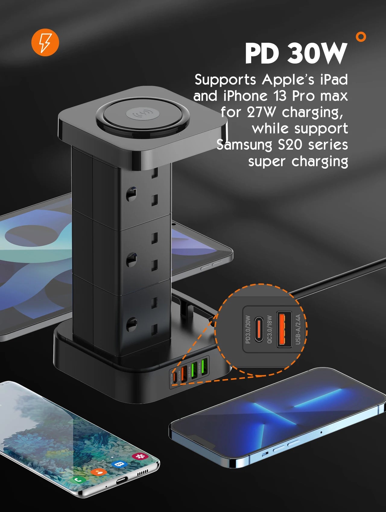 1-LDNIO Tower Power Strip with 6 Outlets +4 USB Ports + WIRELESS CHARGER 2M Power Cord, UK Plug Vertical Electric Socket for Home