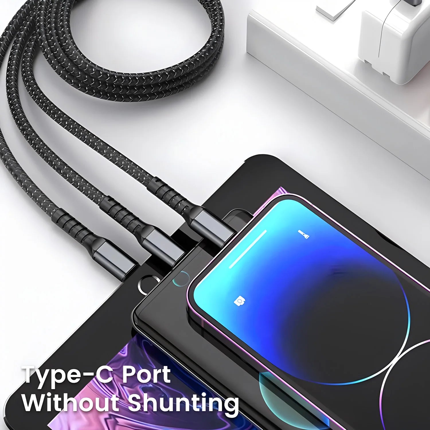 4-3-in-1 Braided Fast Charging Cable – USB-A to Type-C, Lightning & Micro USB (6A)