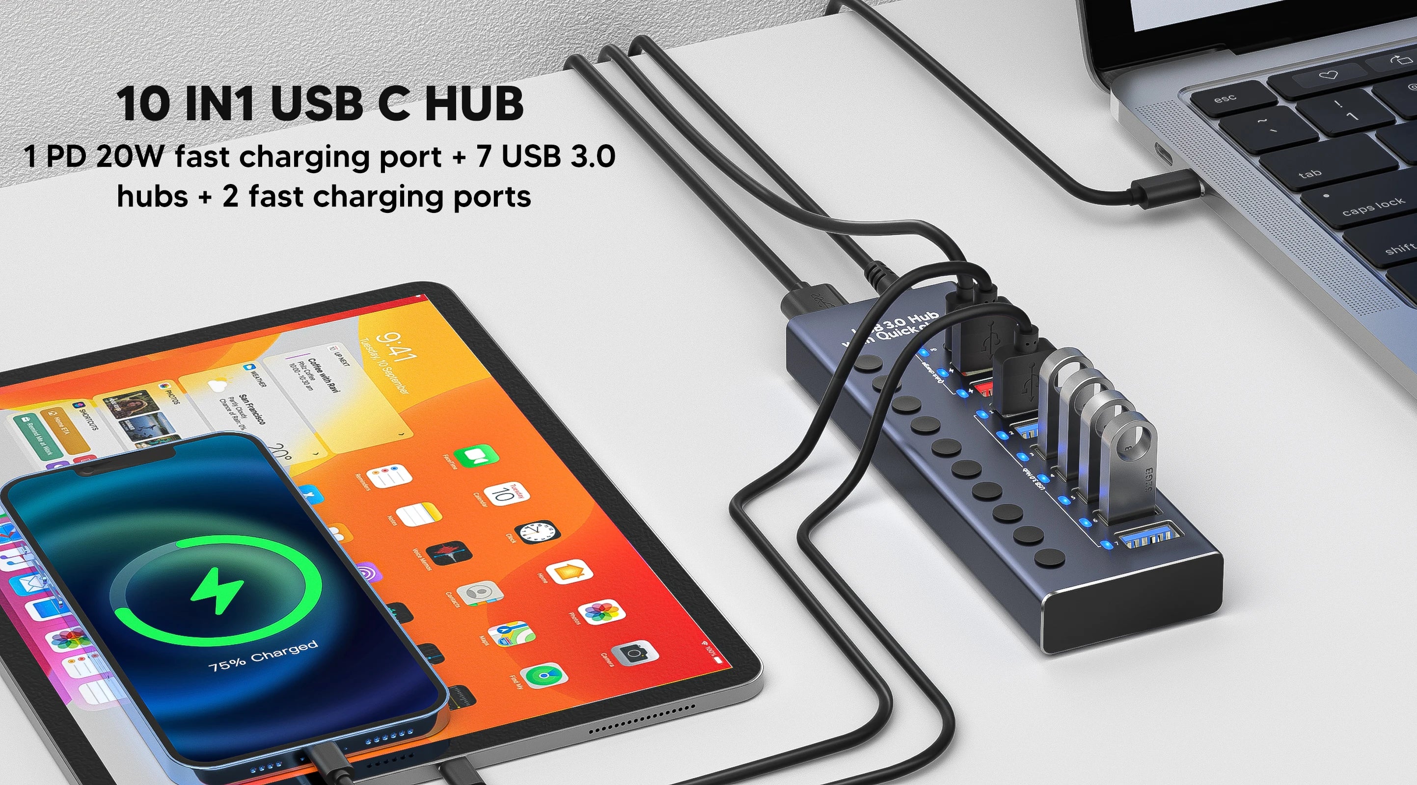 4-AIXXCO 10 Ports USB3.0 Splitter Computer Extender USB HUB 2.4A Fast Charging PD Port External 12V Power Supply