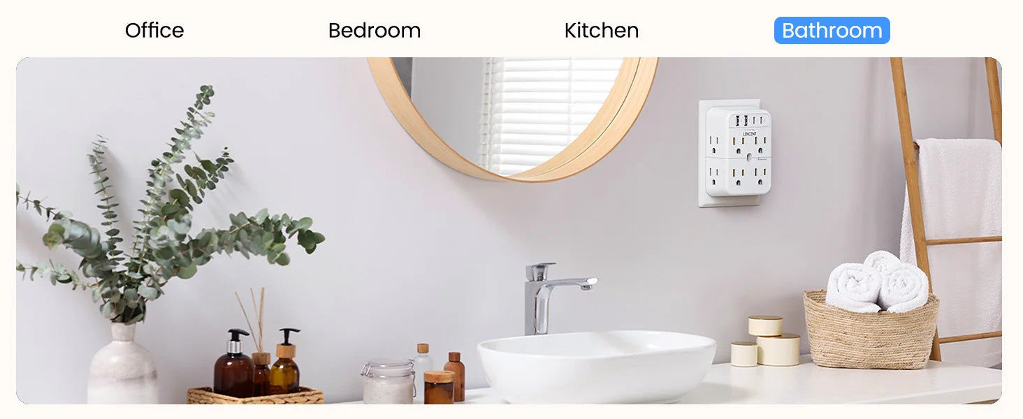 Bathroom setting with sink, mirror, and decorative items on a white countertop.