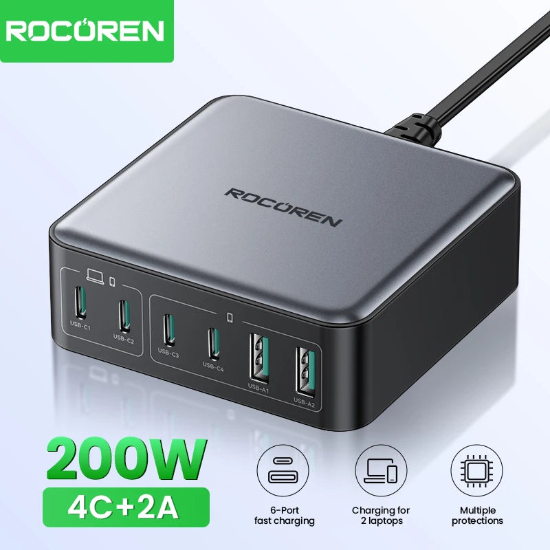 1-Rocoren 200W GaN Charger 6-ports Desktop Fast Charging USB Type C Charger Portable Power Station For iPhone 16 Pro Max Xiaomi 14