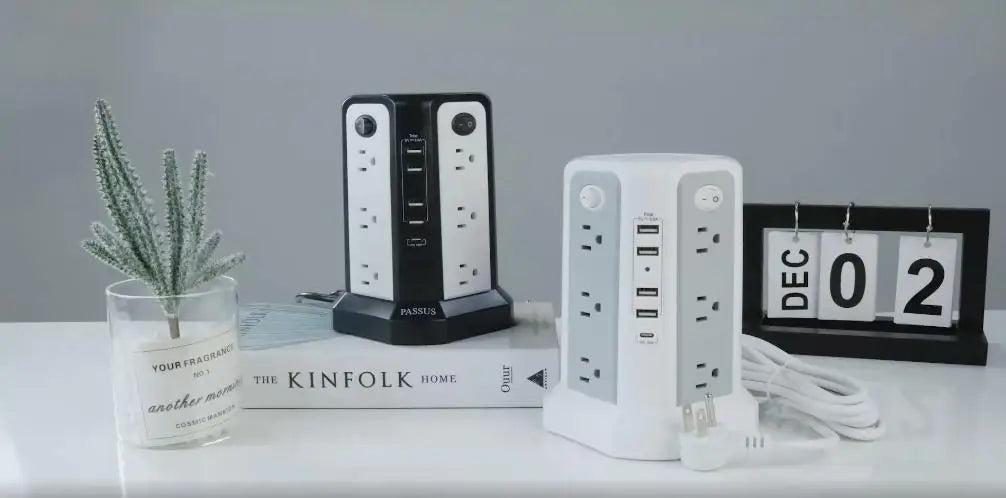 10FT Extension Cord with 12 AC Outlets 5 USB Charging Ports(1 USB C PD18W) PASSUS Surge Protector Power Strip Tower