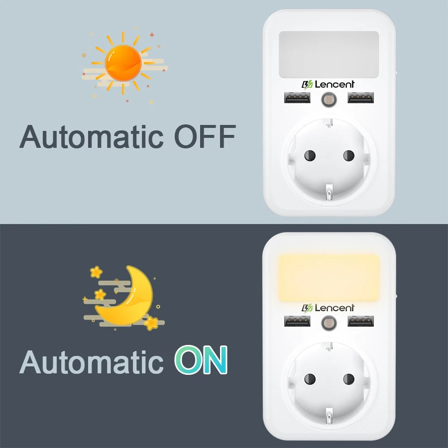 LENCENT EU Plug Wall Socket with 1 AC Outlet 2USB Ports Wall Charger Adapter with Rack Adjustable Nigh Light for Home/Office