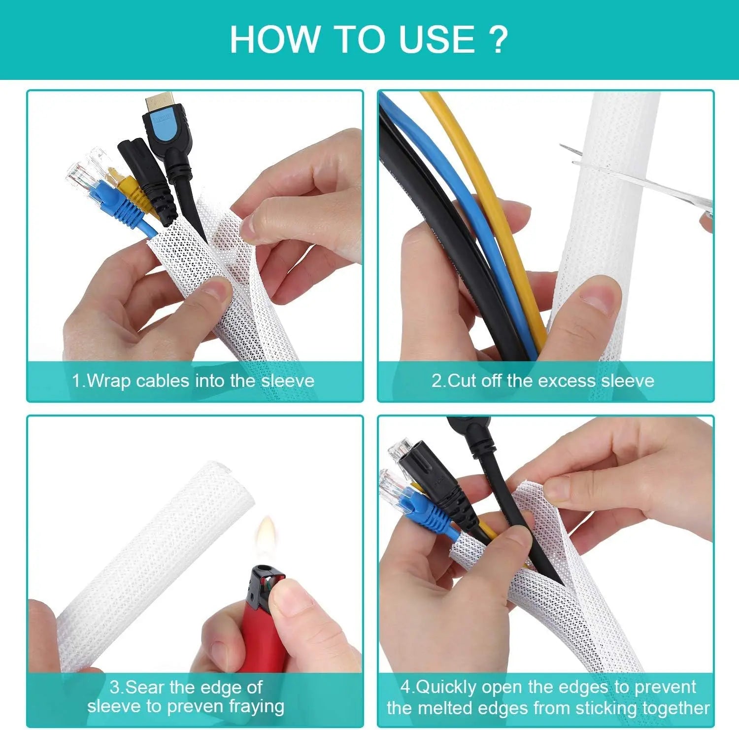 White Cable Sleeve, Cable Organizer for Desk PC TV Computer, Wire Protector Cable Wrap Cover, Cord Management for Home Office