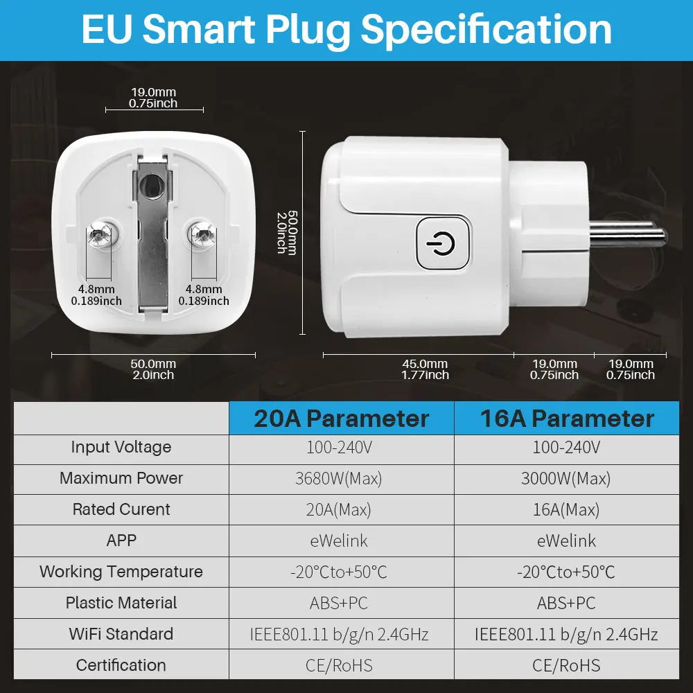 2-Smart Plug WiFi Socket EU 16A/20A With Power Monitor Timing eWelink APP Control Works With Yandex Alice Alexa Google Home