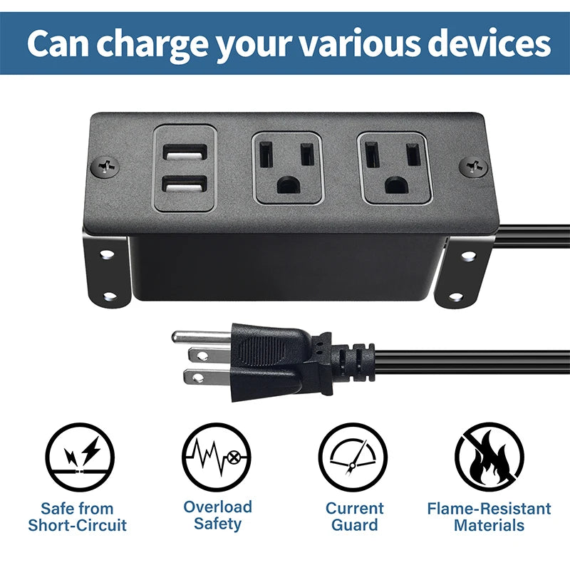 Power strip with multiple outlets and USB ports, featuring safety features and a plug.