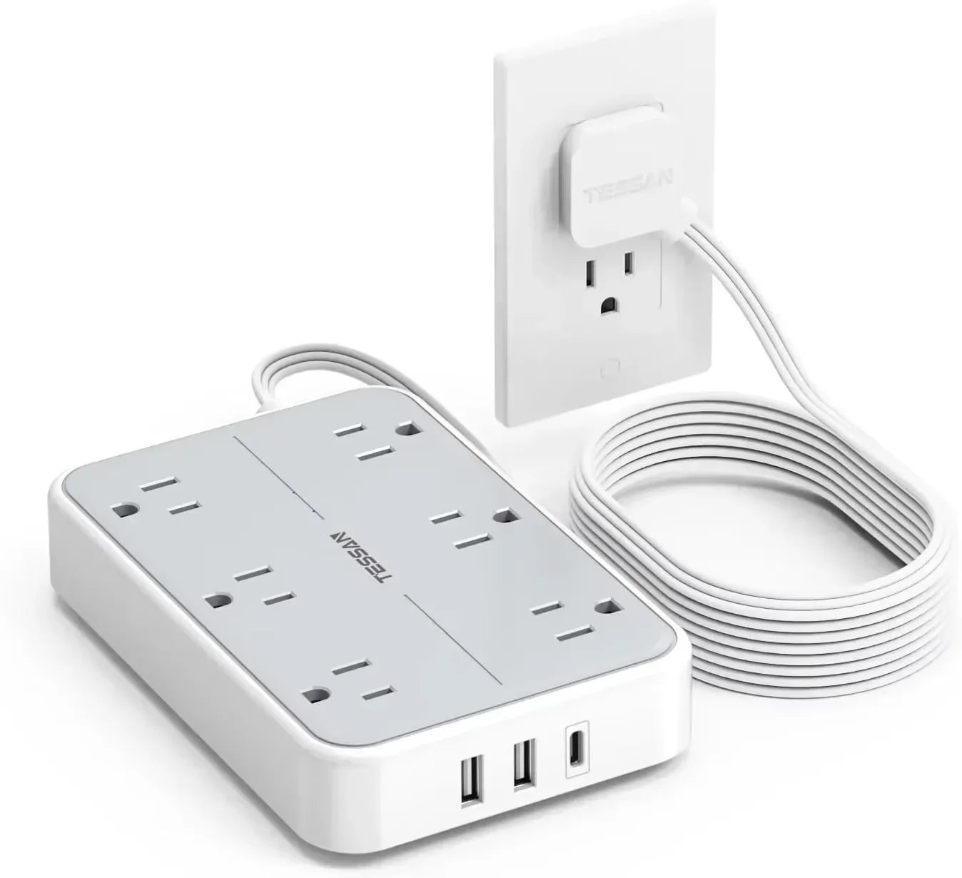 1-TESSAN Electrical Extension Flat Plug Type C Multi-Plug Strap Multi-Plug Connector with 8 AC Outlets and 3 USB Ports (1 Type C)