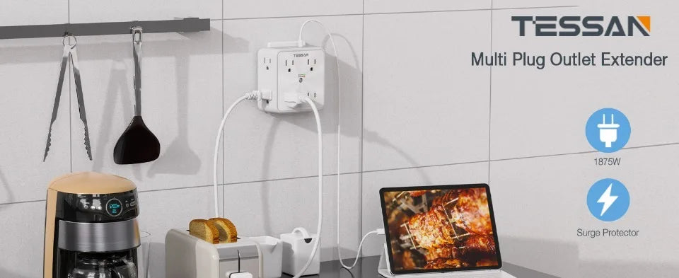 1-TESSAN Surge Protector Wall Strip with 8 AC Outlets 2 USB A and 1 USB C Surge Protector Multi Outlet Extender for Home Office