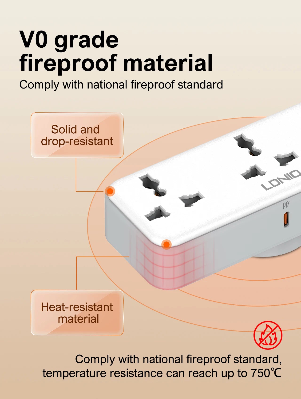 LONPOO power strip with fireproof material features on a beige background