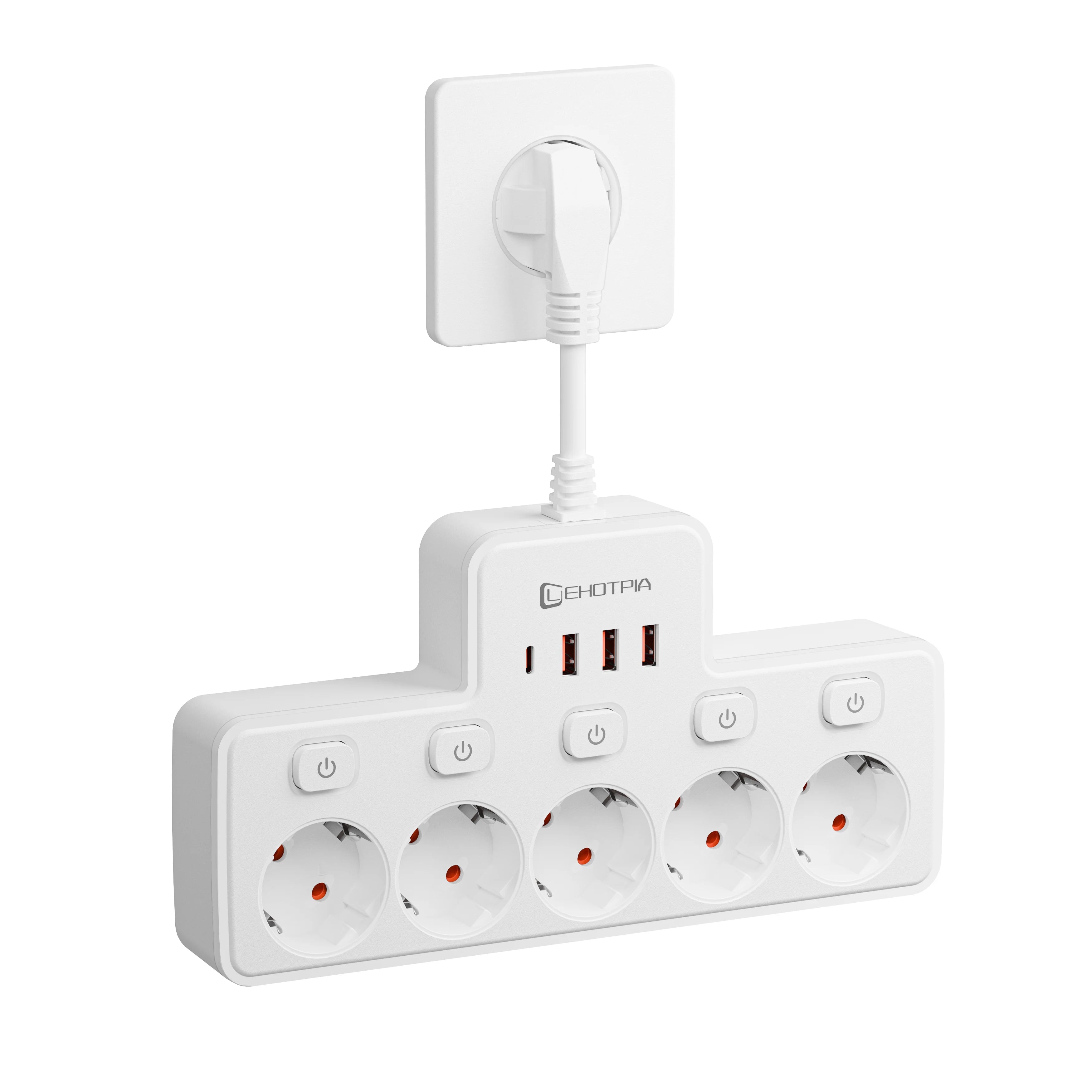White power strip with multiple outlets and USB ports on a white background