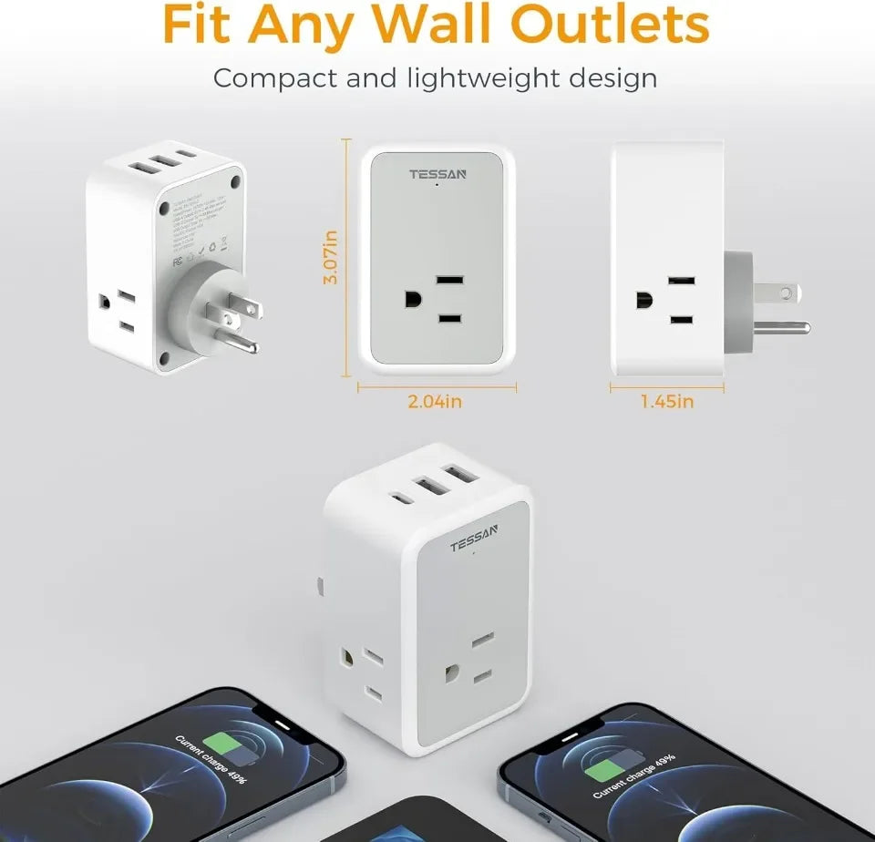 TESSAN US Plug Power Strip with 4AC Outlet and 3USB Charging Port Multi-Contacts Electrical Socket with Surge Protector for Home