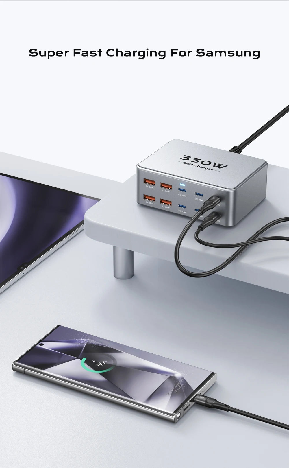 1-330W USB C GaN Charger 100W PD3.0 PPS QC3.0 Multiport Fast Charging Station For Laptop iPhone 15 16 Samsung Macbook Pro Tablet