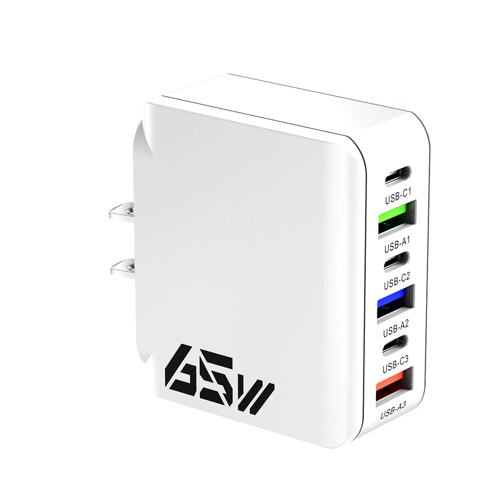65W USB C Wall Charger Fast Charger 6 Ports Quick Charge 3.0 Adapter for iPhone 13 14 15 Xiaomi Samsung Oppo Mobile US/EU Plug