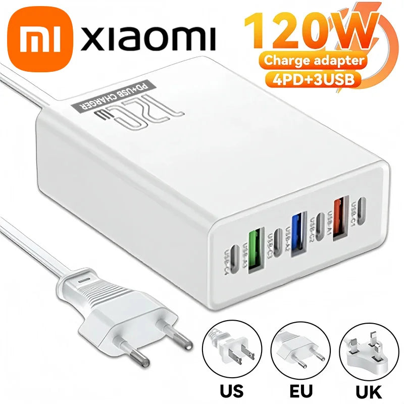 4-Xiaomi 120W Desktop Phone Charger Adapter Power Multiports USB Type-C Fast Charging EU/US/UK Plug For iPhone Xiaomi Huawei