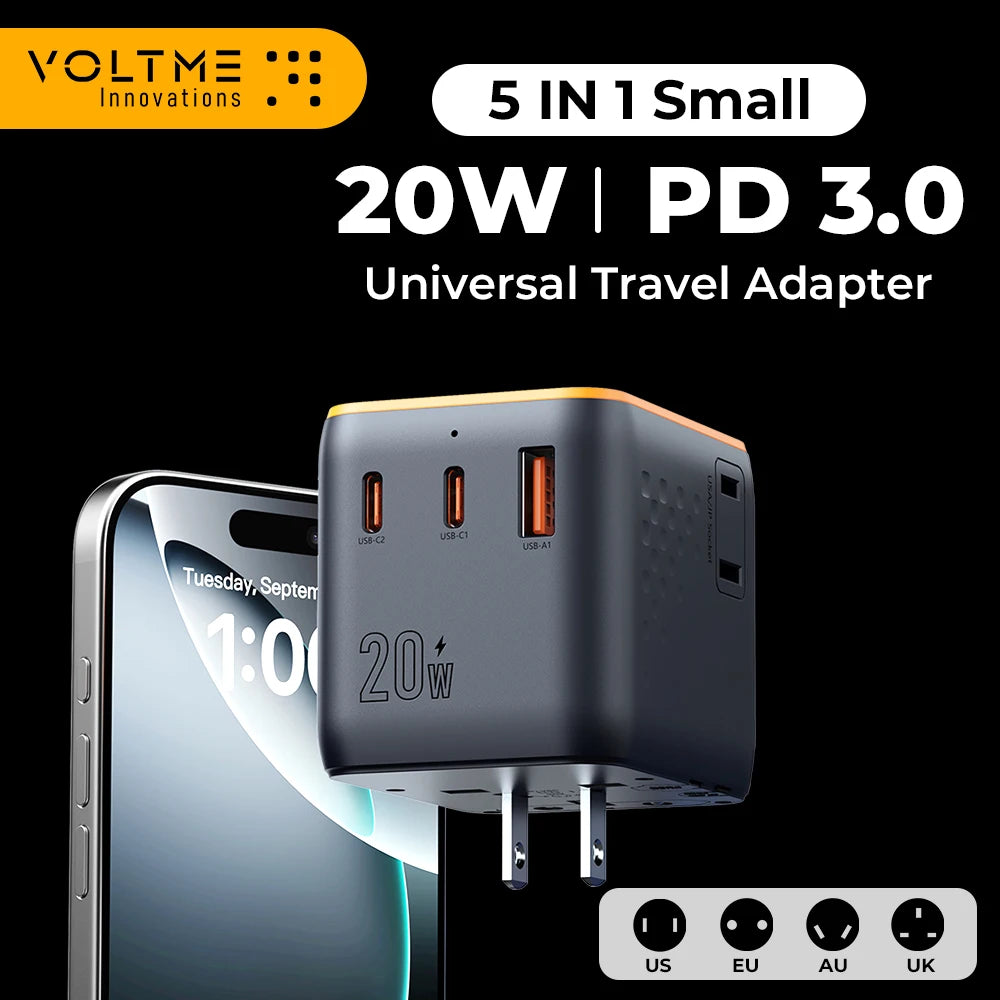 4-VOLTME 20W Travel Adapter Worldwide Power Adapter EU/UK/US/AUS Plug Travel Charging with Built in USB C for iPhone Samsung
