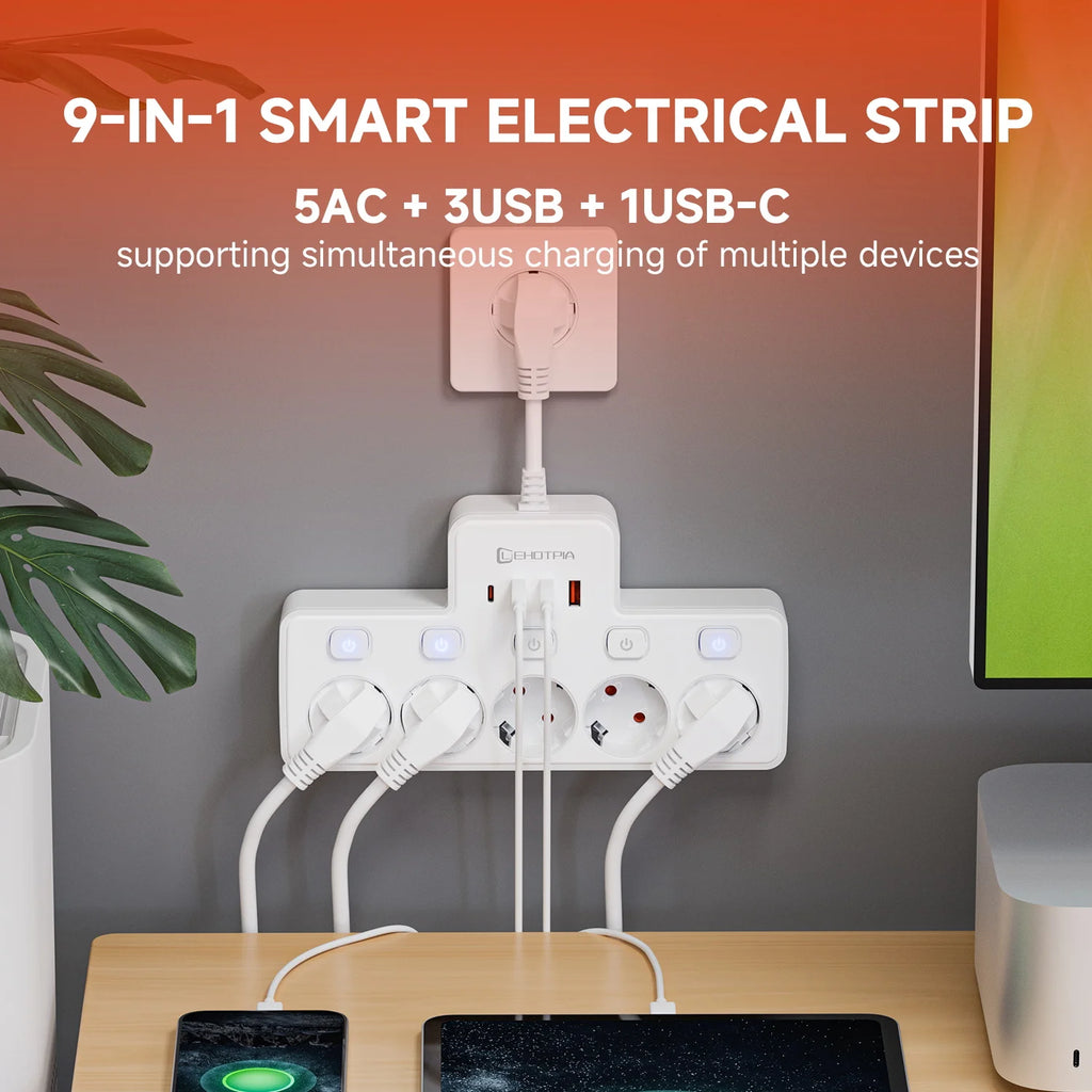 9-in-1 smart electrical strip with multiple outlets and USB ports on a desk.