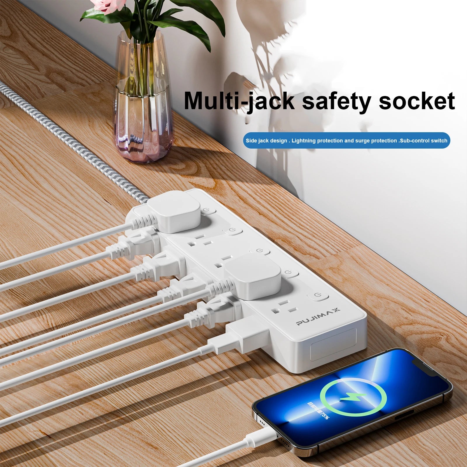 ﻿ ﻿ ﻿ PUJIMAX Power Strip With 10 Outlets 1.5M Braided Cable Surge Protector Multi Socket Extender with Switch For Home Office