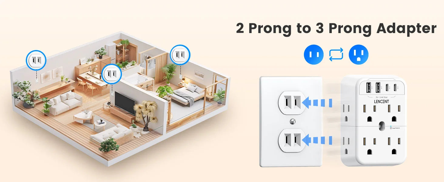 2 Prong to 3 Prong Adapter with a living room illustration and plug diagram.