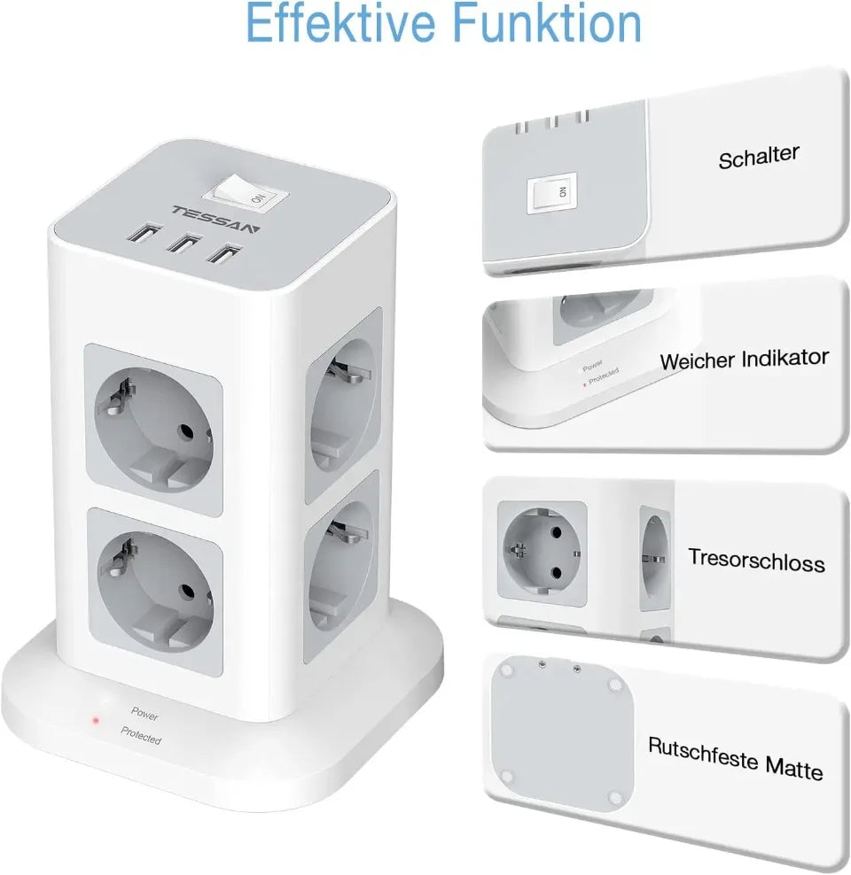1-TESSAN Tower Power Strip Multi Outlets with USB A +1 Type C 2M Extension Cable EU Plug Vertical Electric Socket Surge Protection