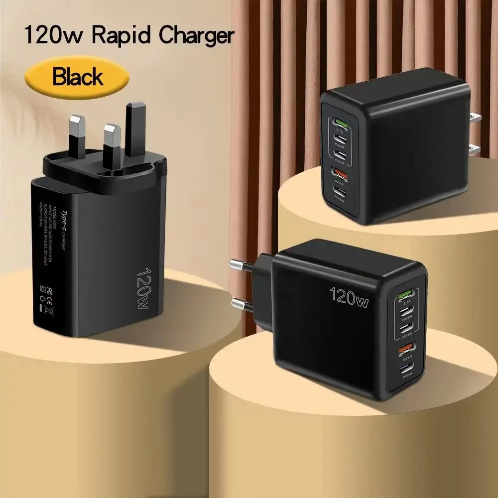5 Ports USB Charger PD Fast Charging 120W Phone Charger Adapter For iPhone Samsung Xiaomi Huawei Multi Ports Type C Wall Charger
