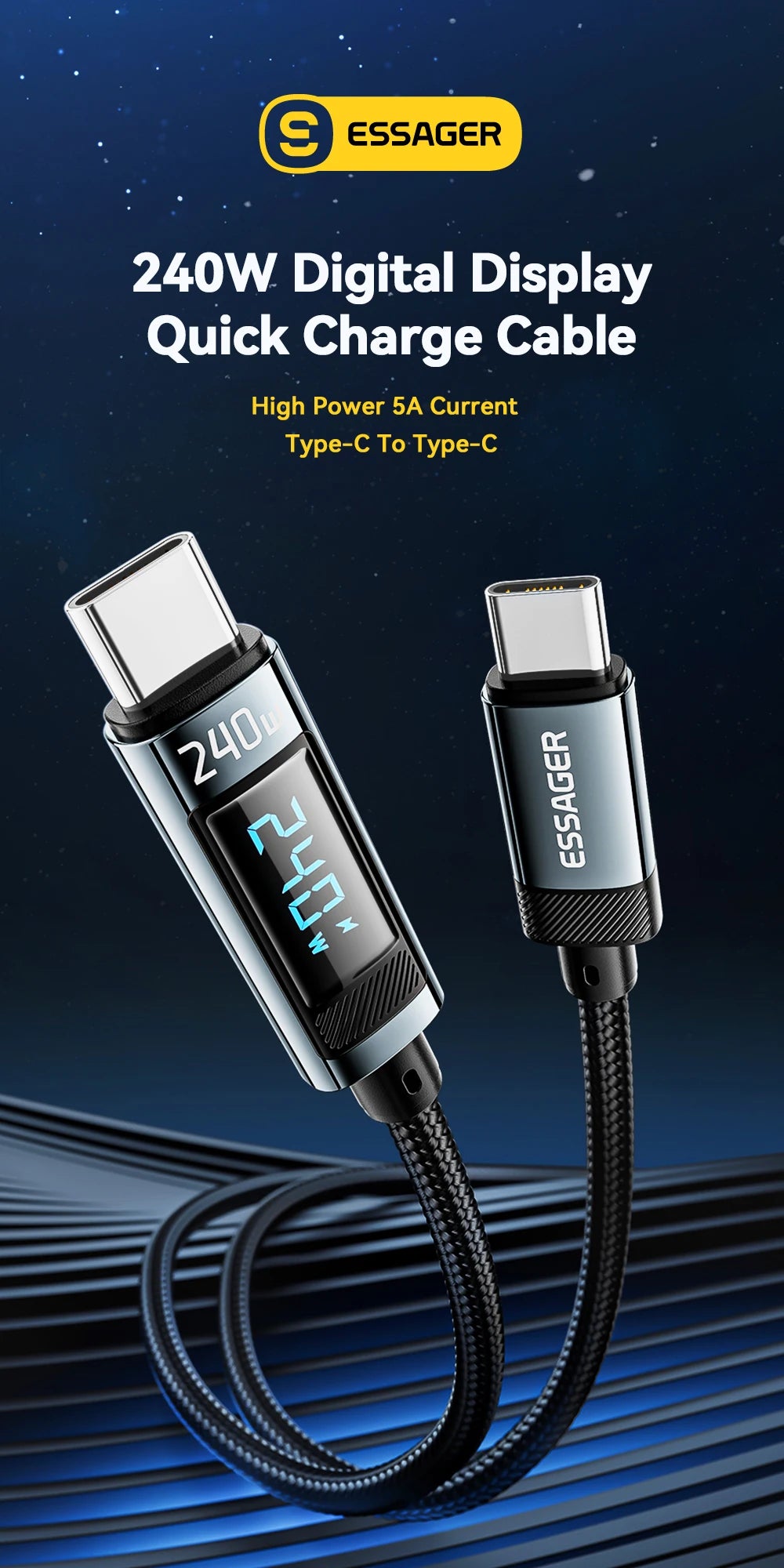Essager 240W USB Type C To USB C Cable 100W PD 3.1 Fast Charging Charger Wire For Macbook Pro Xiaomi Samsung Laptop USBC Cord 2M