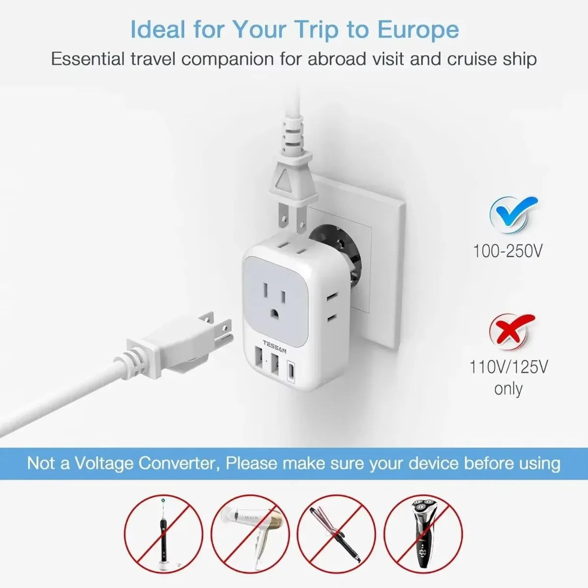 TESSAN US Plug Power Strip with 4AC Outlet and 3USB Charging Port Multi-Contacts Electrical Socket with Surge Protector for Home