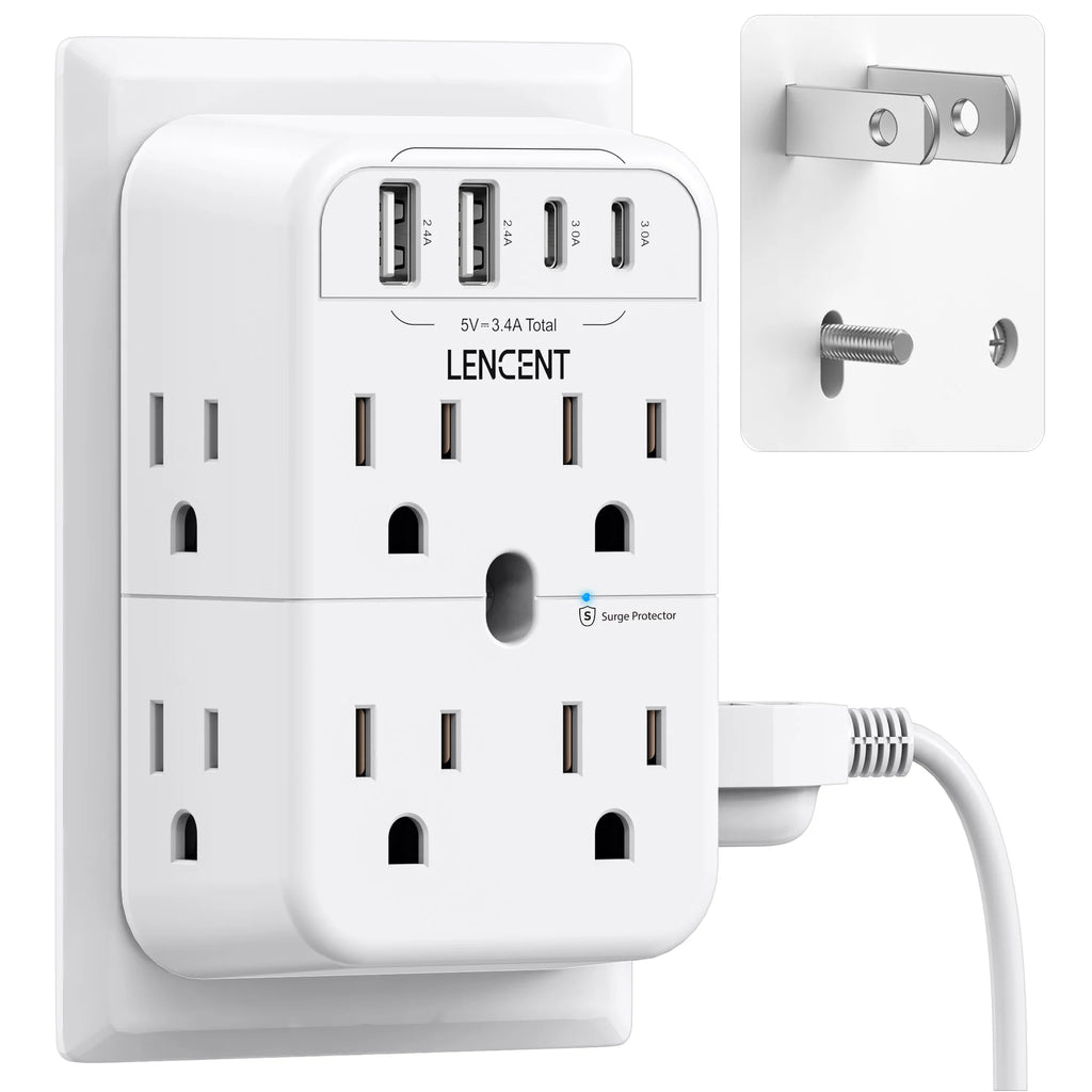 White power strip with multiple outlets and USB ports, featuring the brand 'Lencent'.