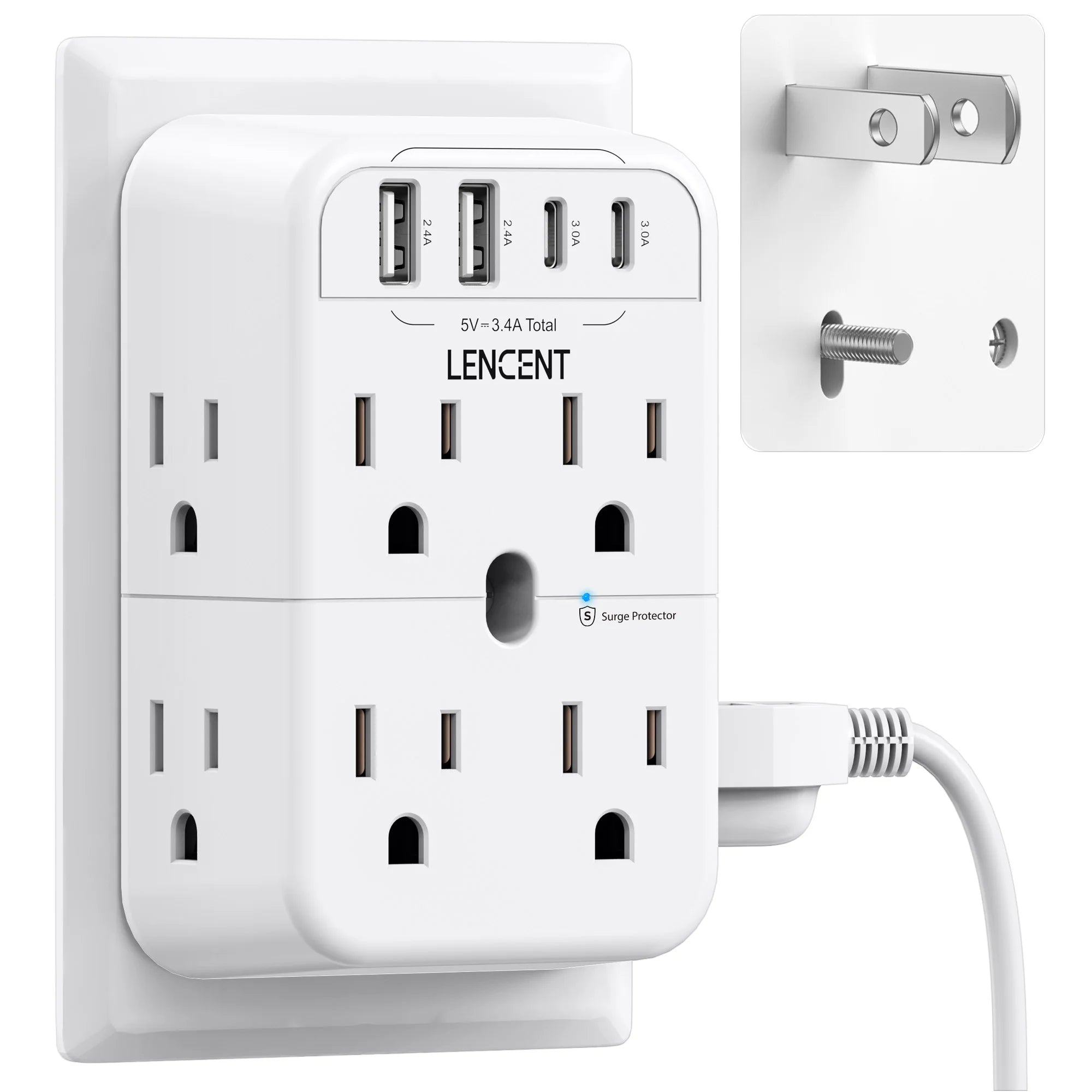 White power strip with multiple outlets and USB ports, featuring the brand 'Lencent'.
