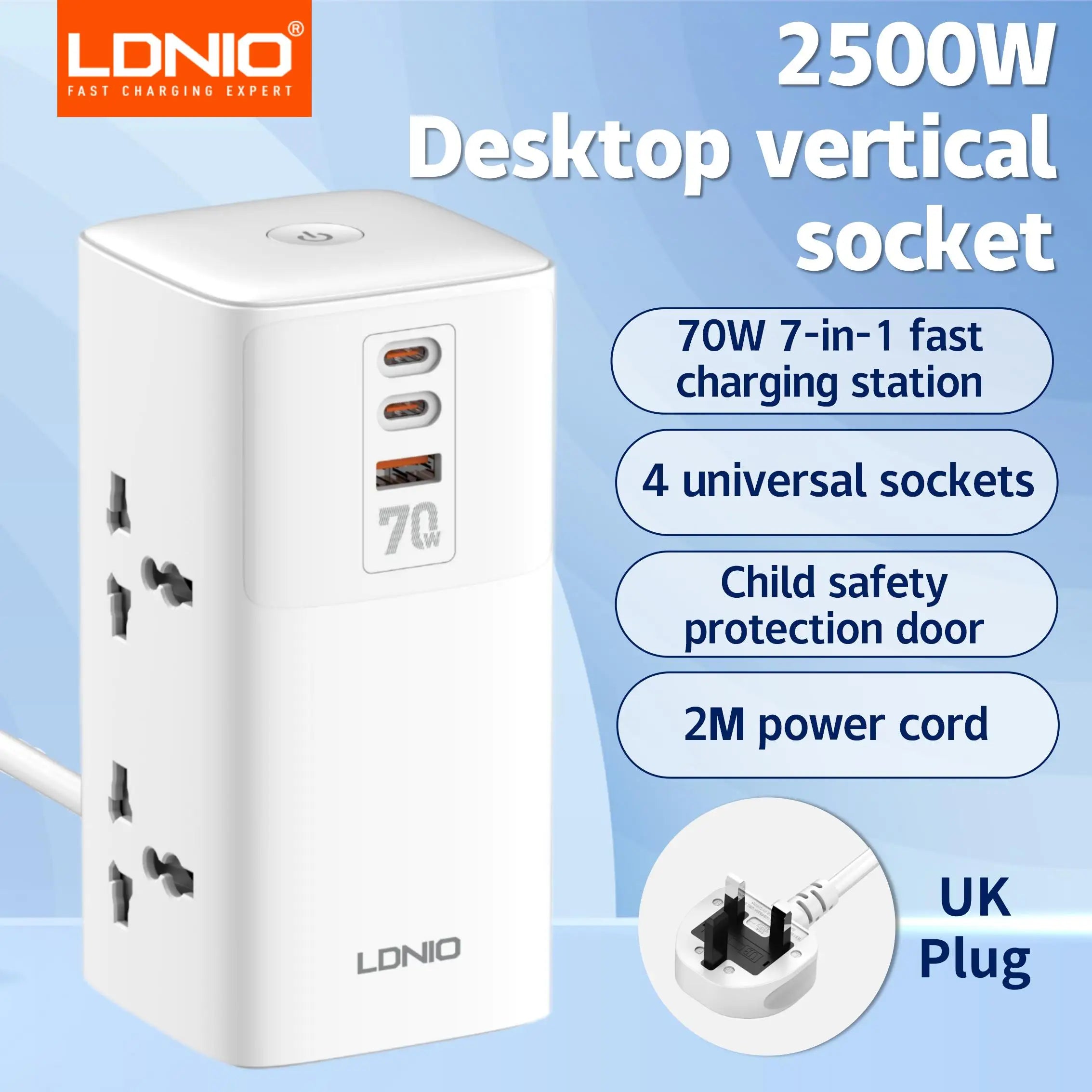 1-Tower 4 Way Outlets Socket 70W USB Multi Power Strip Vertical 2m Extension Power Cord UK EU US AU Plug with Overload Protector