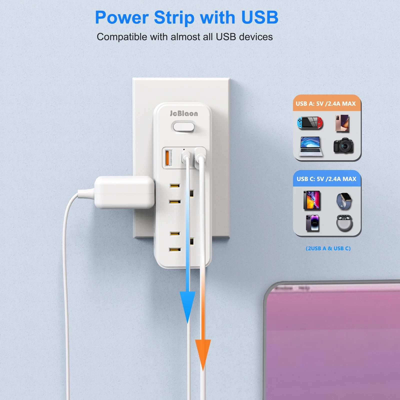 360°Rotating Plug US Power Strip with 6 AC Outlets 3 USB Ports 1 Type-C,Multiple Wall Socket with Switch Network Filter for Home