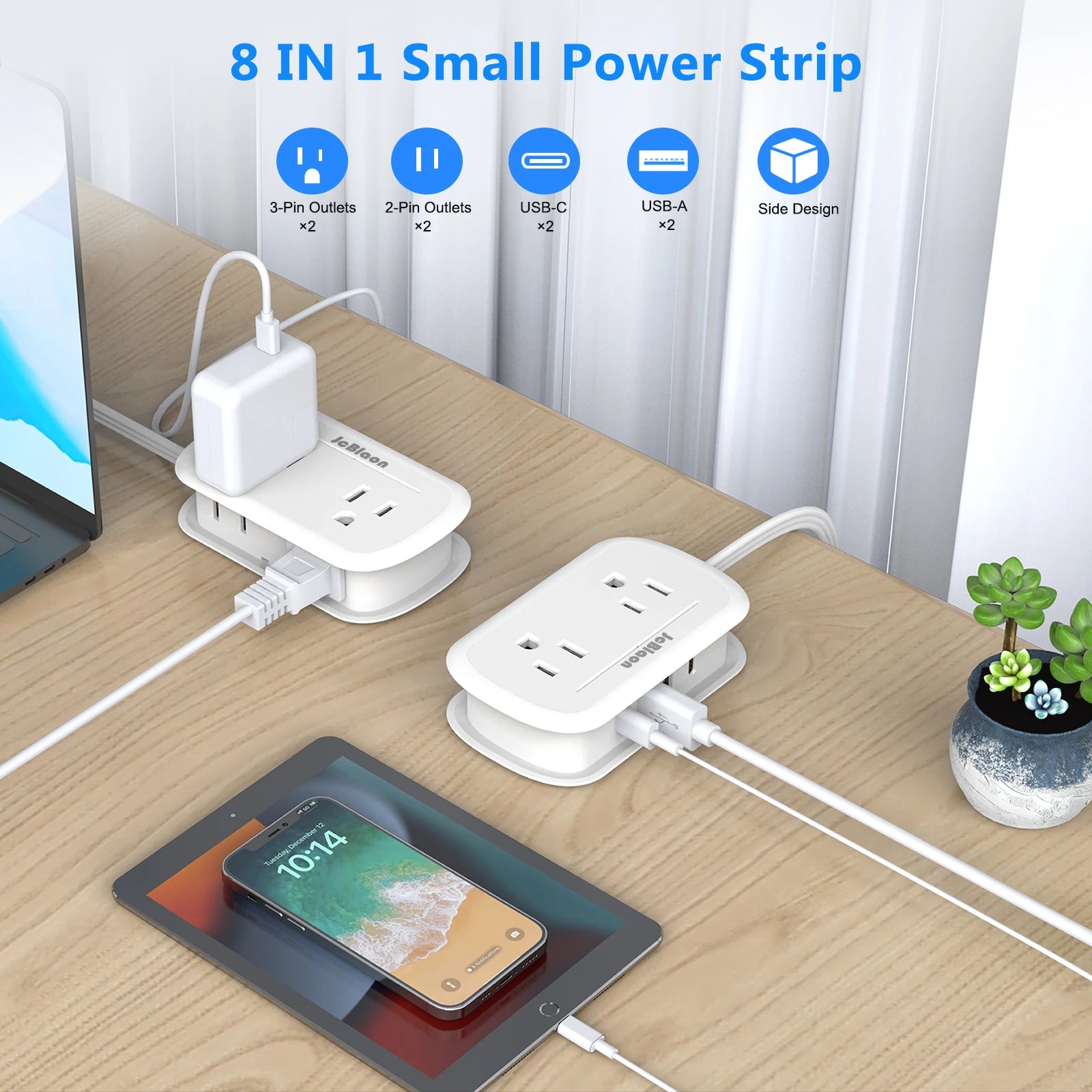1-8-in-1 Power Strip Multi Tap Universal US Plug with 4 AC Outlets 4 USB Ports(2 Type-C) 3.6FT Extension Cord, Small and Portable