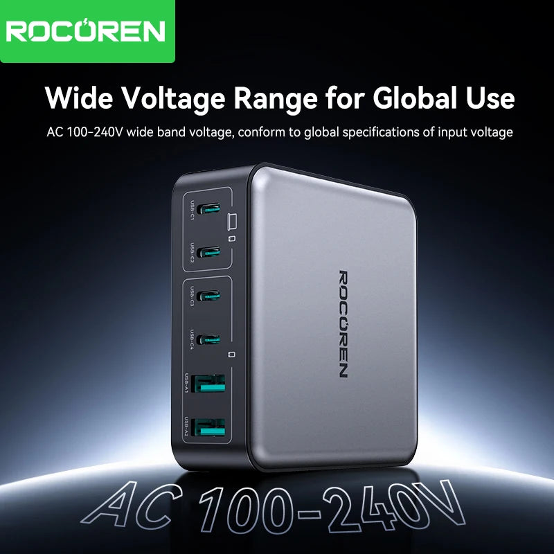 1-Rocoren 200W GaN Charger 6-ports Desktop Fast Charging USB Type C Charger Portable Power Station For iPhone 16 Pro Max Xiaomi 14
