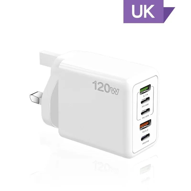 4-5 Ports USB Charger PD Fast Charging 120W Phone Charger Adapter For iPhone Samsung Xiaomi Huawei Multi Ports Type C Wall Charger