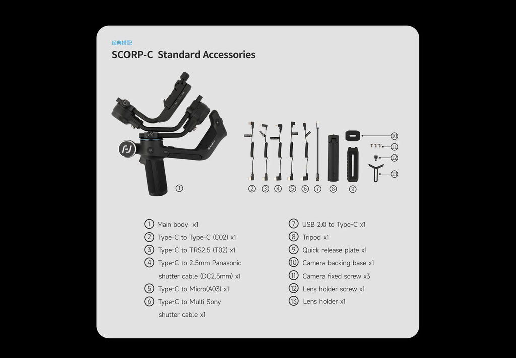 FeiyuTech Feiyu SCORP-C 3-Axis Handheld Gimbal Stabilizer Handle Grip for DSLR Camera Sony/Canon/Nikon with 2.5kg Load