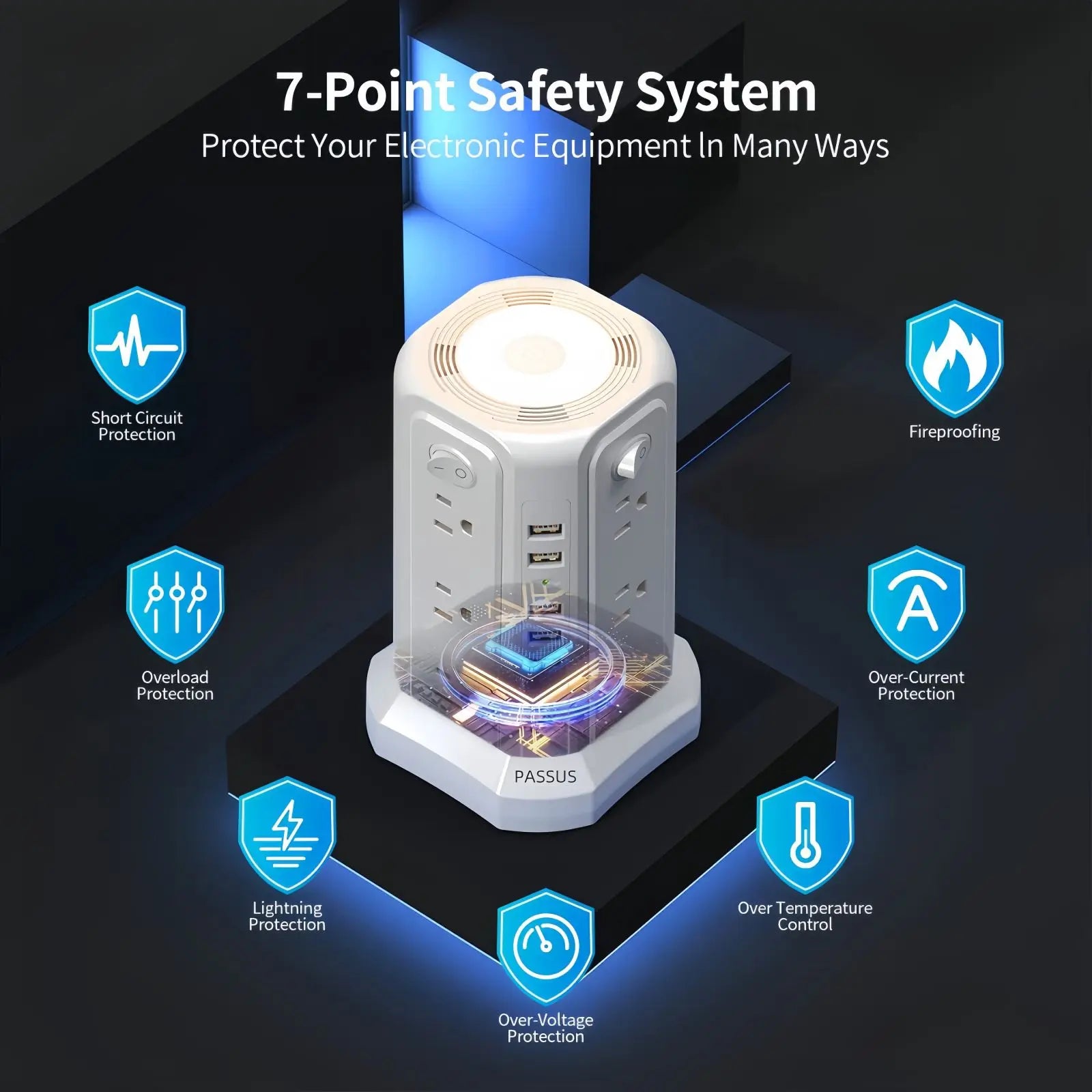 Passsus Power Tower Surge Protector with USB Night with 5 USB, 3M extension cable with 12 AC, suitable for office and home