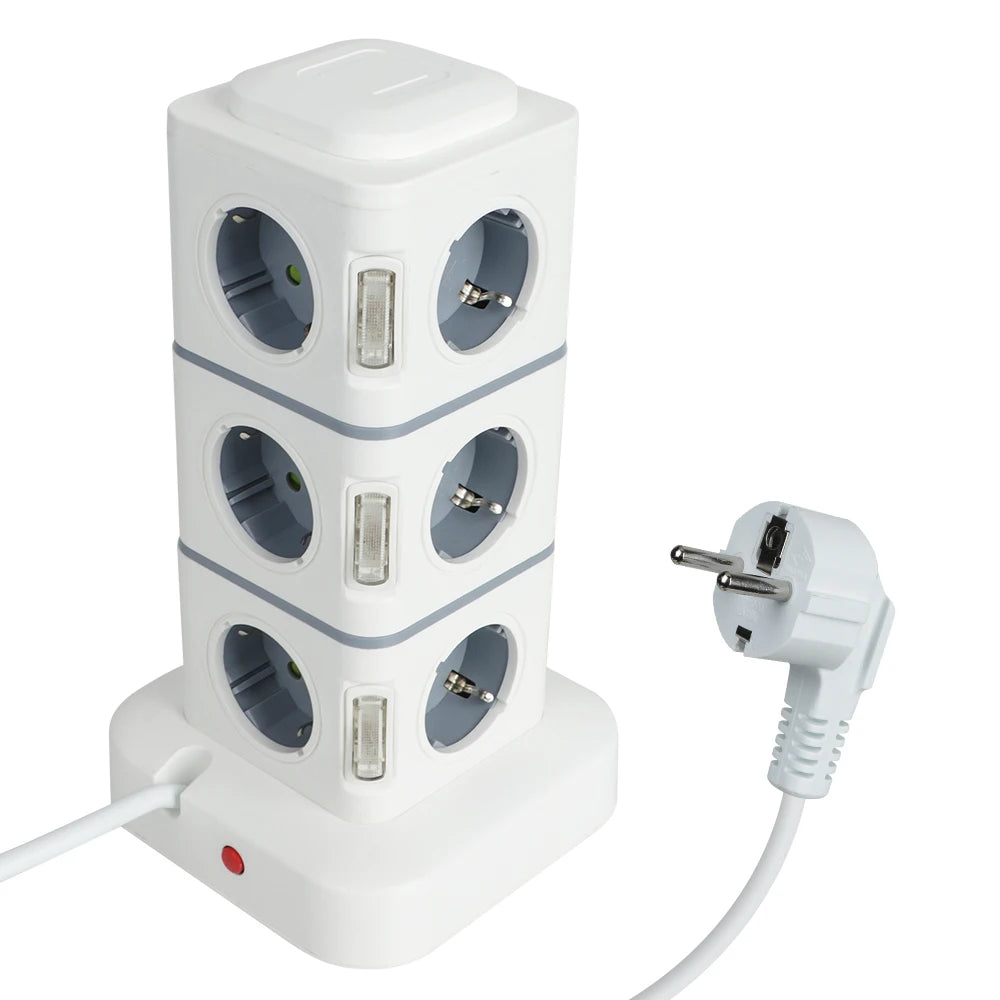 1-Tower 12 Way Outlets Socket Multi Power Strip Vertical 2.8m Extension Cord EU Plug with 4 USB Overload Protector Switch 220V 10A