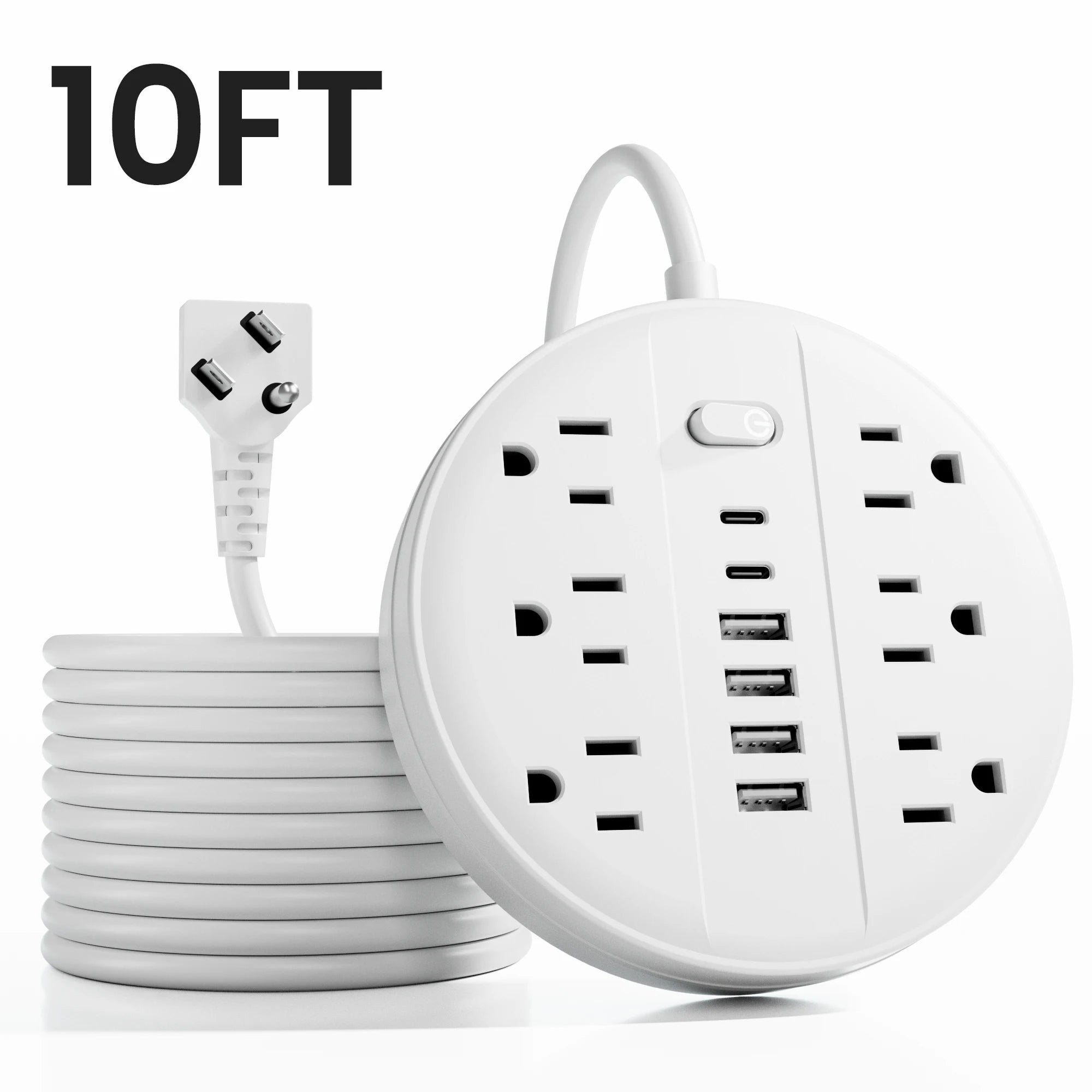 1-US Power Strip with 6 AC Outlets & 6 USB (2× USB‑C) – Surge Protected, 5 ft/10 ft Cord Options