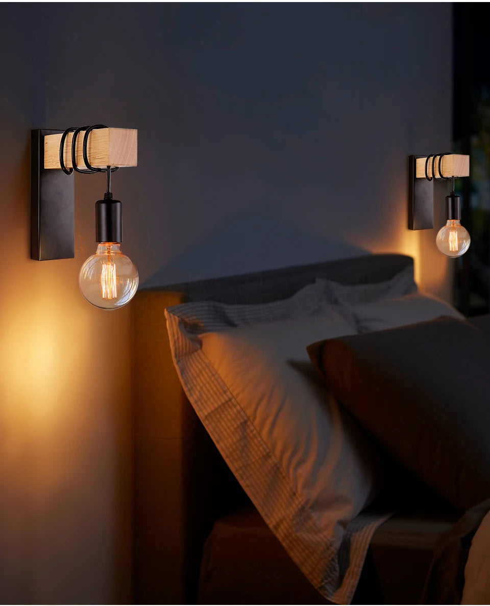 Retro Wood Wall Lamp Vintage Sconce (E27)