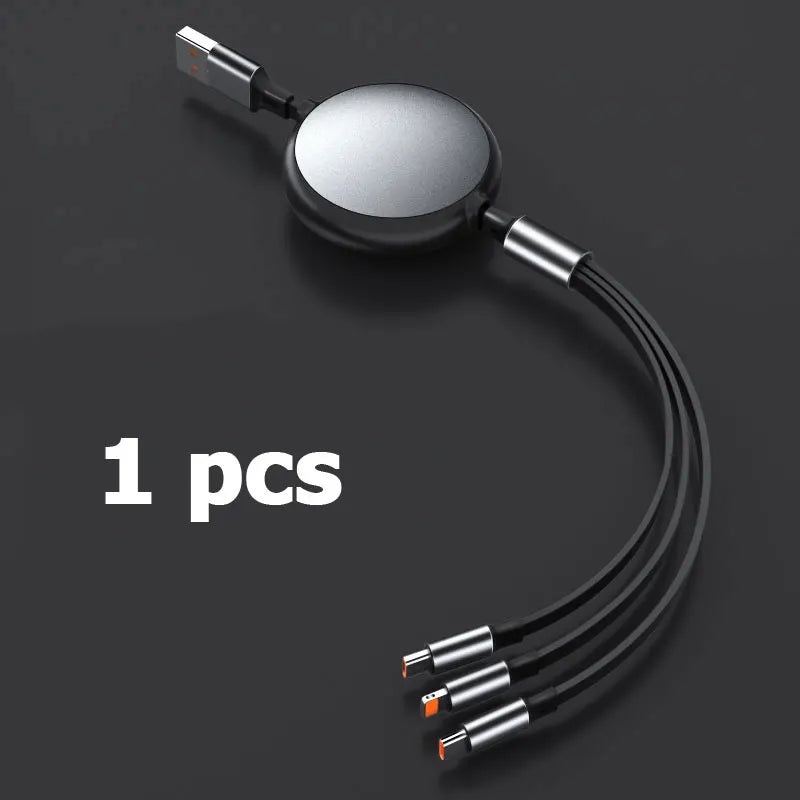 1-3-in-1 Retractable 100W 6A Fast Charging USB To Type-C Micro Fast Charger Cable For iPhone Samsung Xiaomi Huawei 1.2M Cables