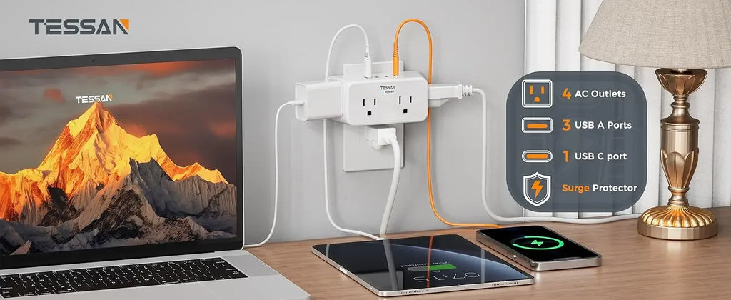TESSAN 8-in-1 multi plug outlet splitter with  AC outlets and  USB ports, white