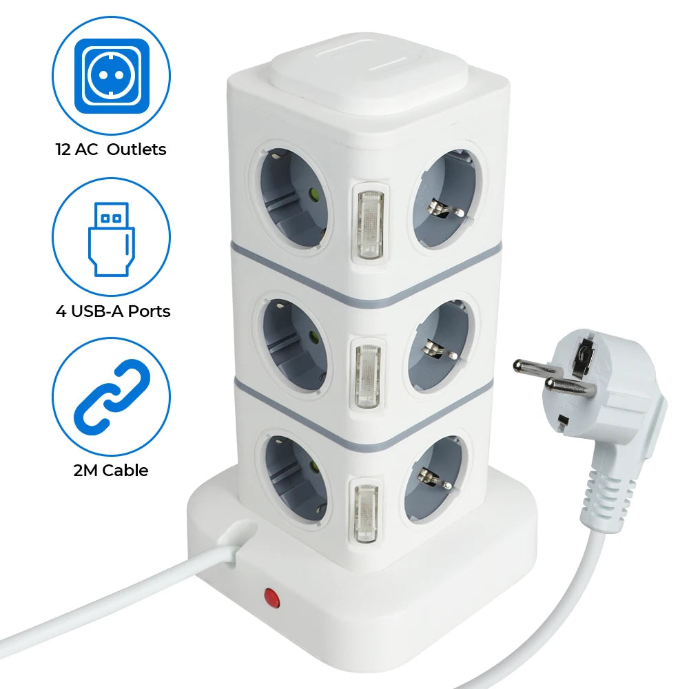 1-Tower 12 Way Outlets Socket Multi Power Strip Vertical 2.8m Extension Cord EU Plug with 4 USB Overload Protector Switch 220V 10A