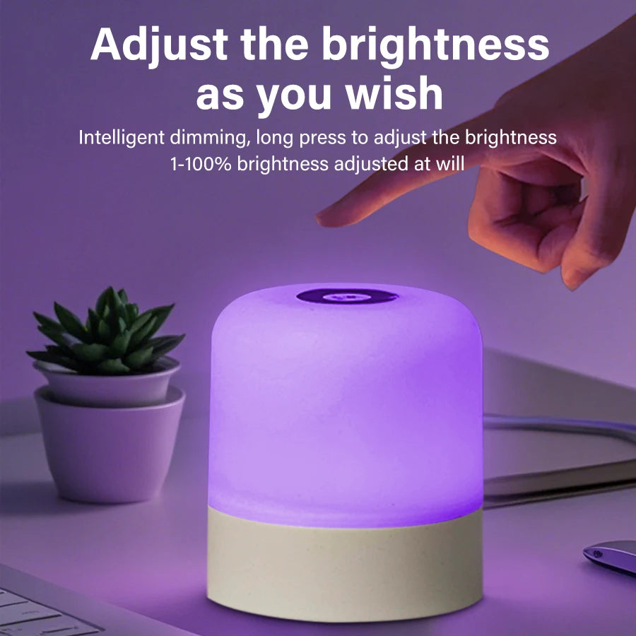 Smart lamp with a hand adjusting the brightness, surrounded by a potted plant and laptop on a desk.