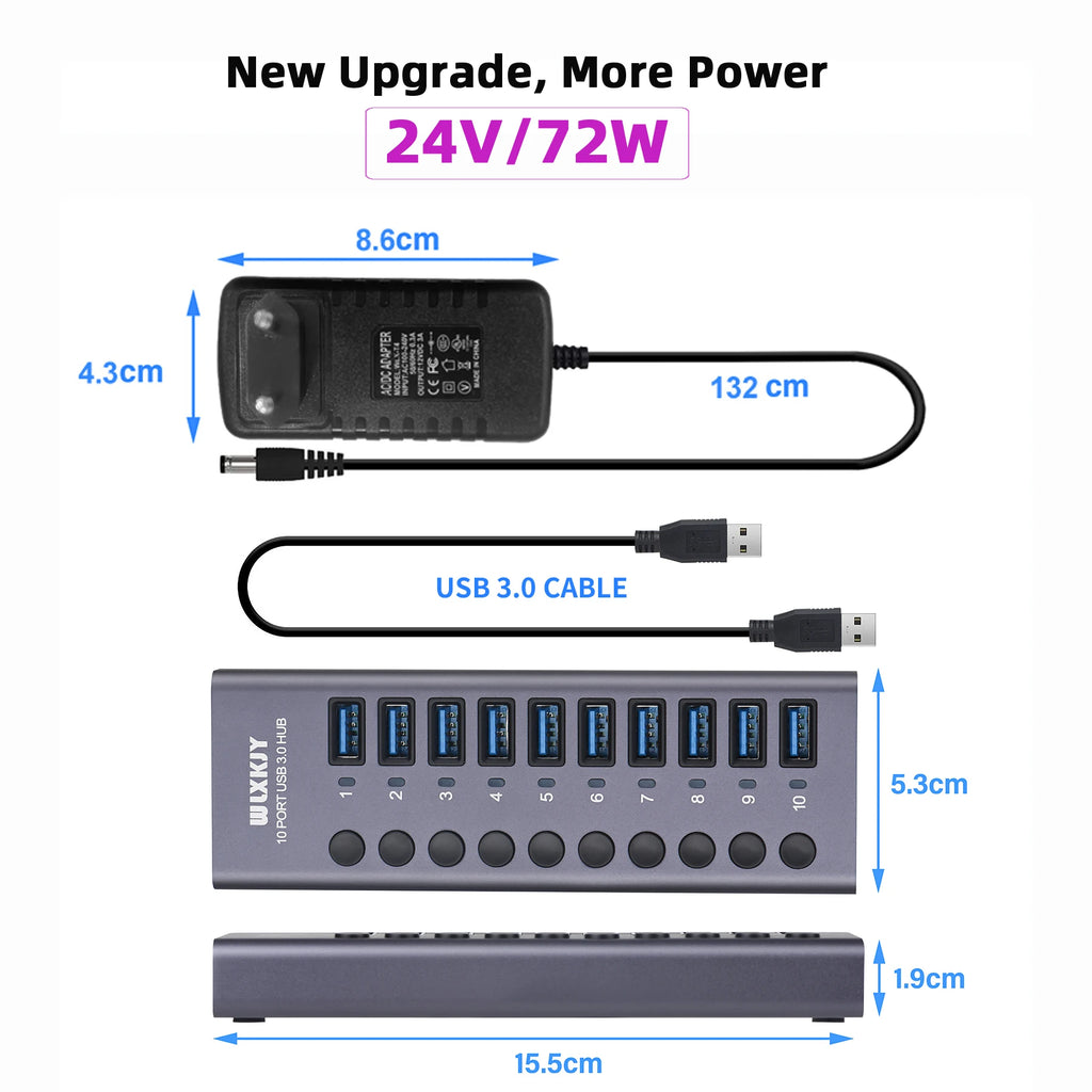 4-AIXXCO 10 Ports USB3.0 Splitter Computer Extender USB HUB 2.4A Fast Charging PD Port External 12V Power Supply