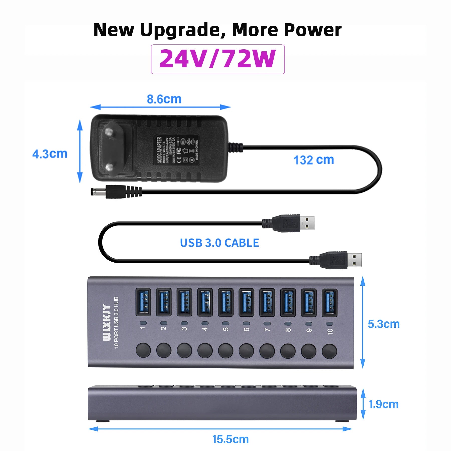 4-AIXXCO 10 Ports USB3.0 Splitter Computer Extender USB HUB 2.4A Fast Charging PD Port External 12V Power Supply