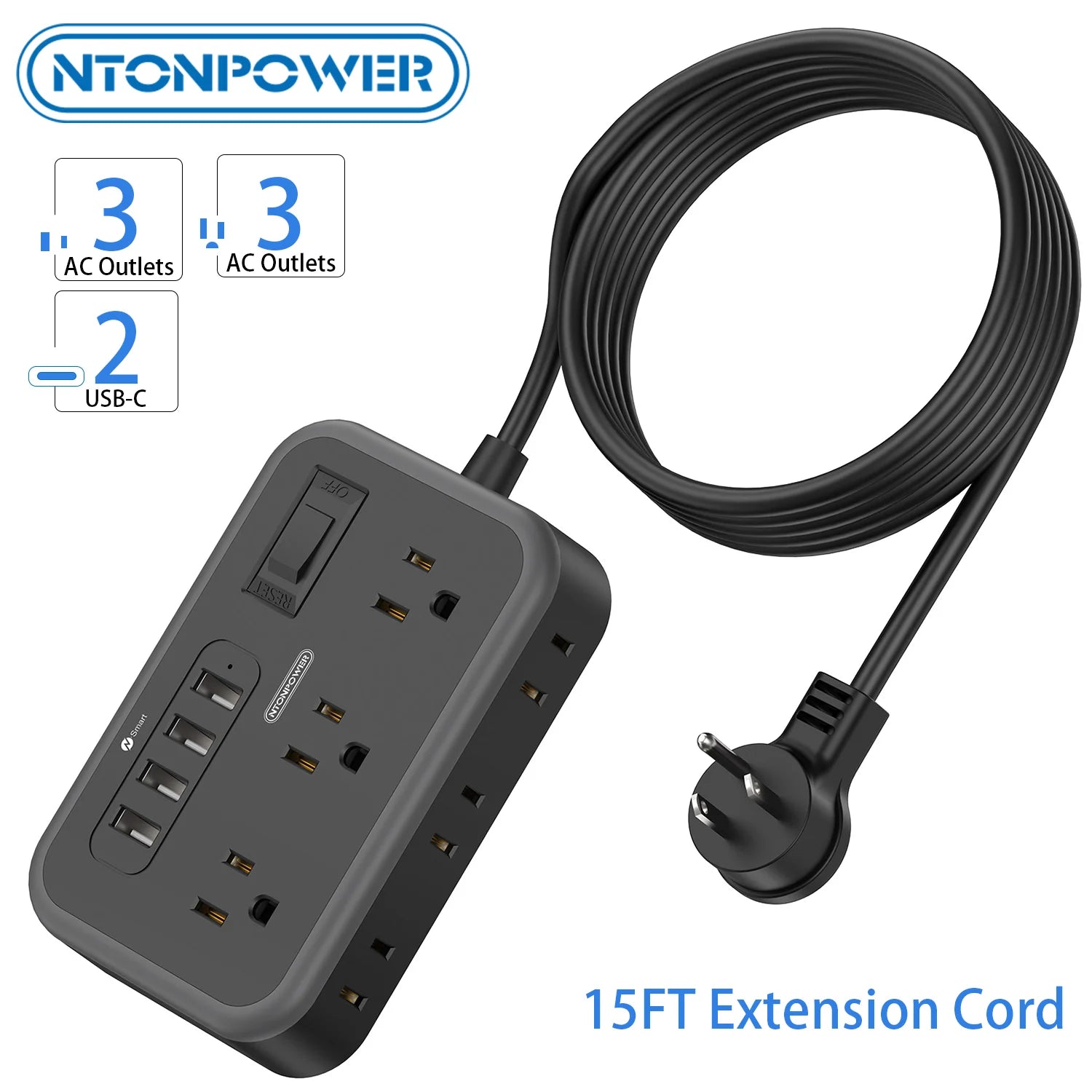 6-Outlet Power Strip with 4 USB Ports 15.5W Fast Charge & 15FT Extension Cord Surge Protector & Network Filter US Plug 100-240V