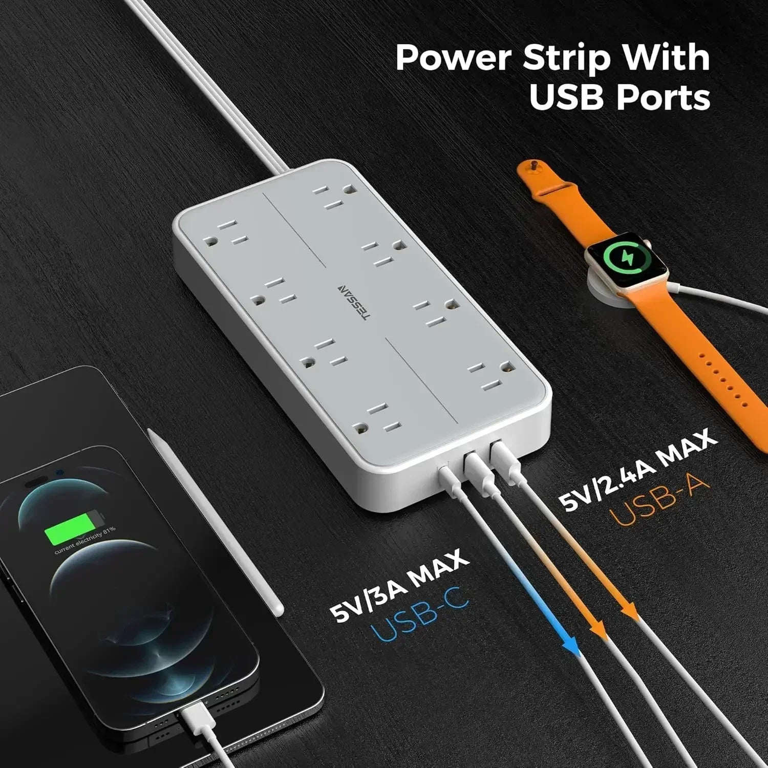 1-TESSAN Electrical Extension Flat Plug Type C Multi-Plug Strap Multi-Plug Connector with 8 AC Outlets and 3 USB Ports (1 Type C)