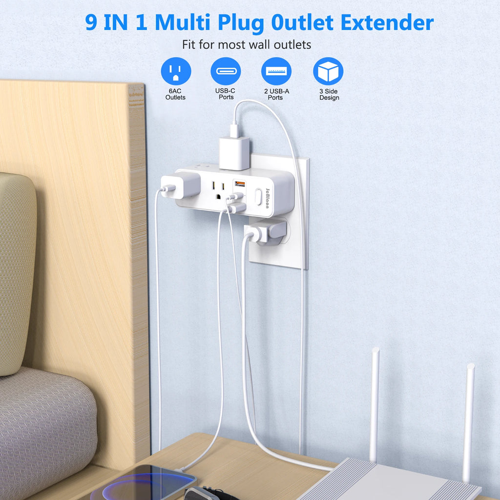 9-in-1 multi plug outlet extender attached to a wall socket with cables plugged in, near a bed.