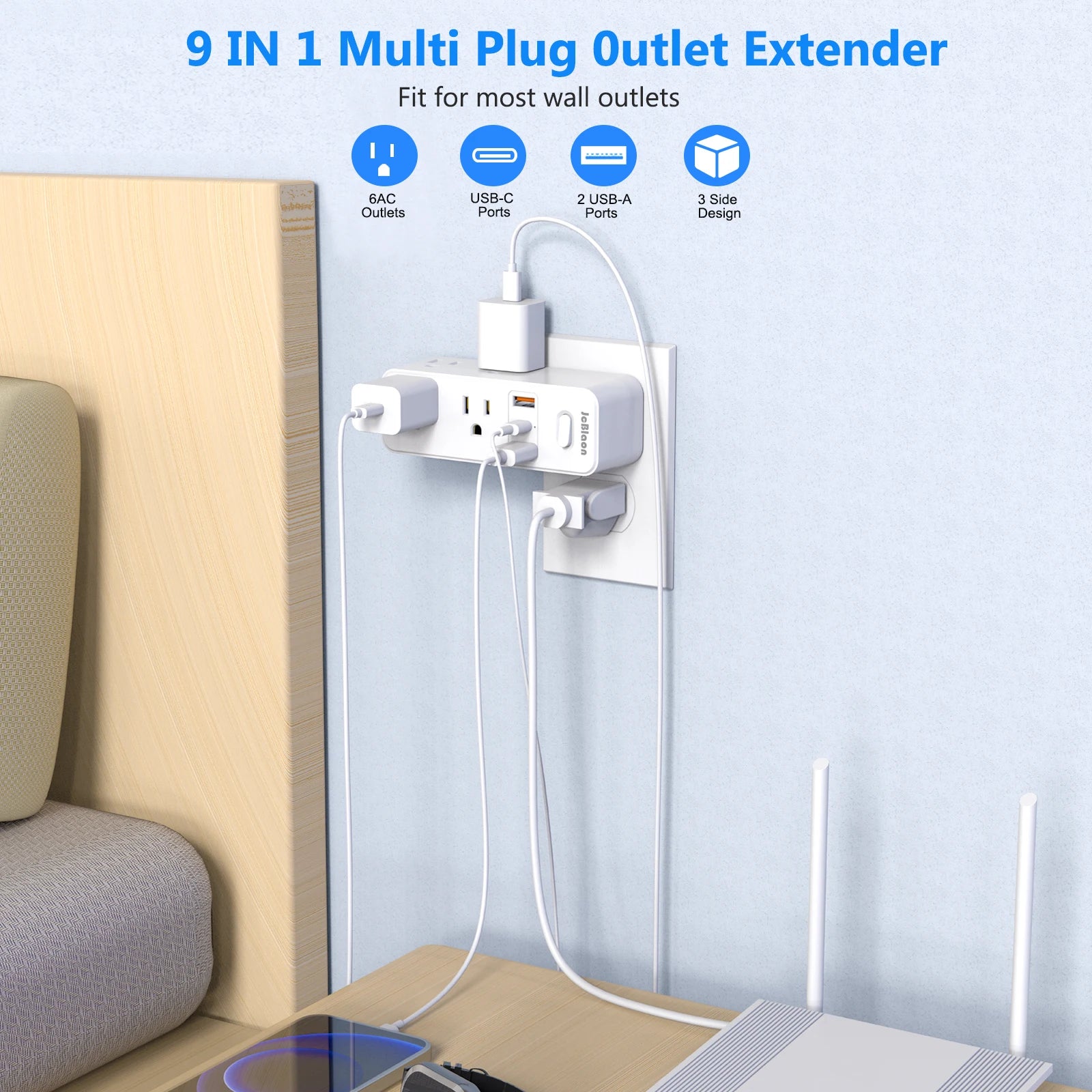 360°Rotating Plug US Power Strip with 6 AC Outlets 3 USB Ports 1 Type-C,Multiple Wall Socket with Switch Network Filter for Home