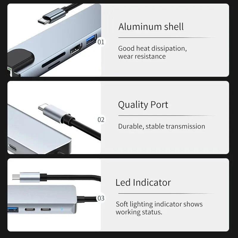 4-8 in 1 USB C Hub Type C to 4K HDTV Adapter with RJ45 SD/TF Card Reader Fast Charger for MacBook Notebook Windows Laptop Computer